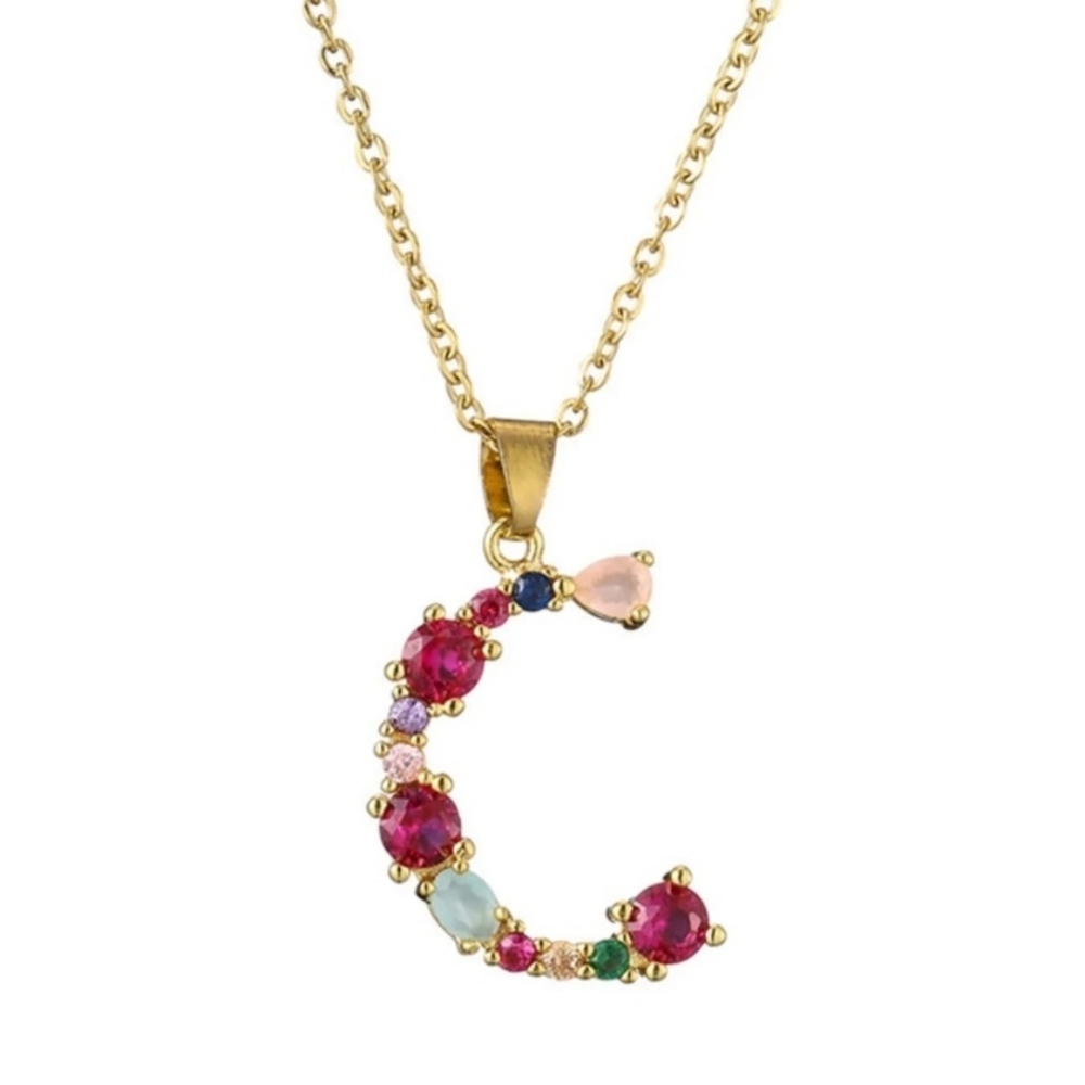 C Initial Pendant Necklace Rhinestones Gold Tone Chain - Picture 14 of 16